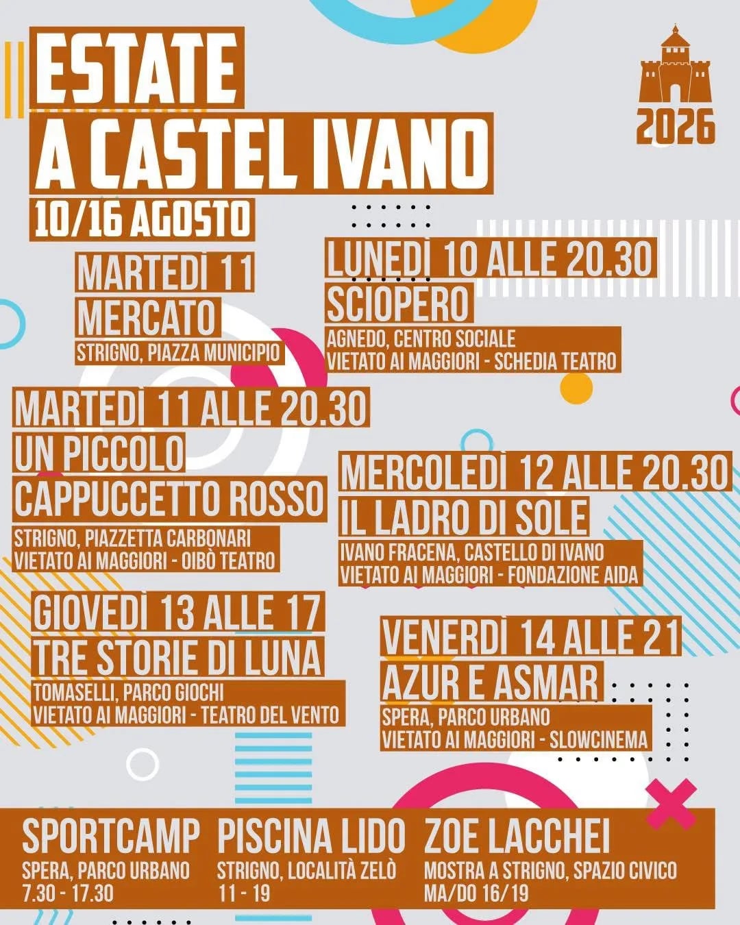 Locandina calendario eventi agosto 2026 a Castel Ivano (Trento)