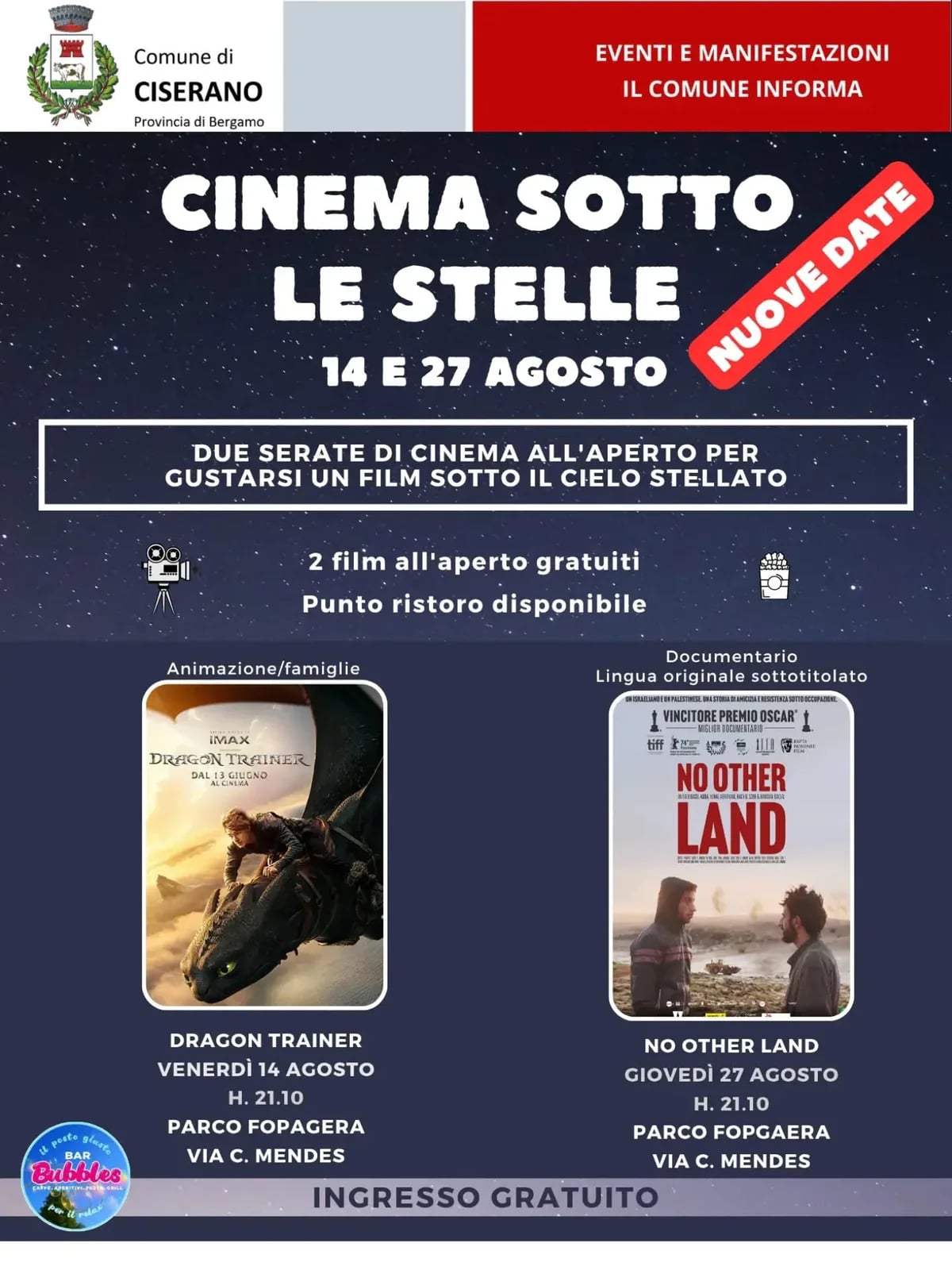 Locandina calendario eventi agosto 2026 a Ciserano (Bergamo)