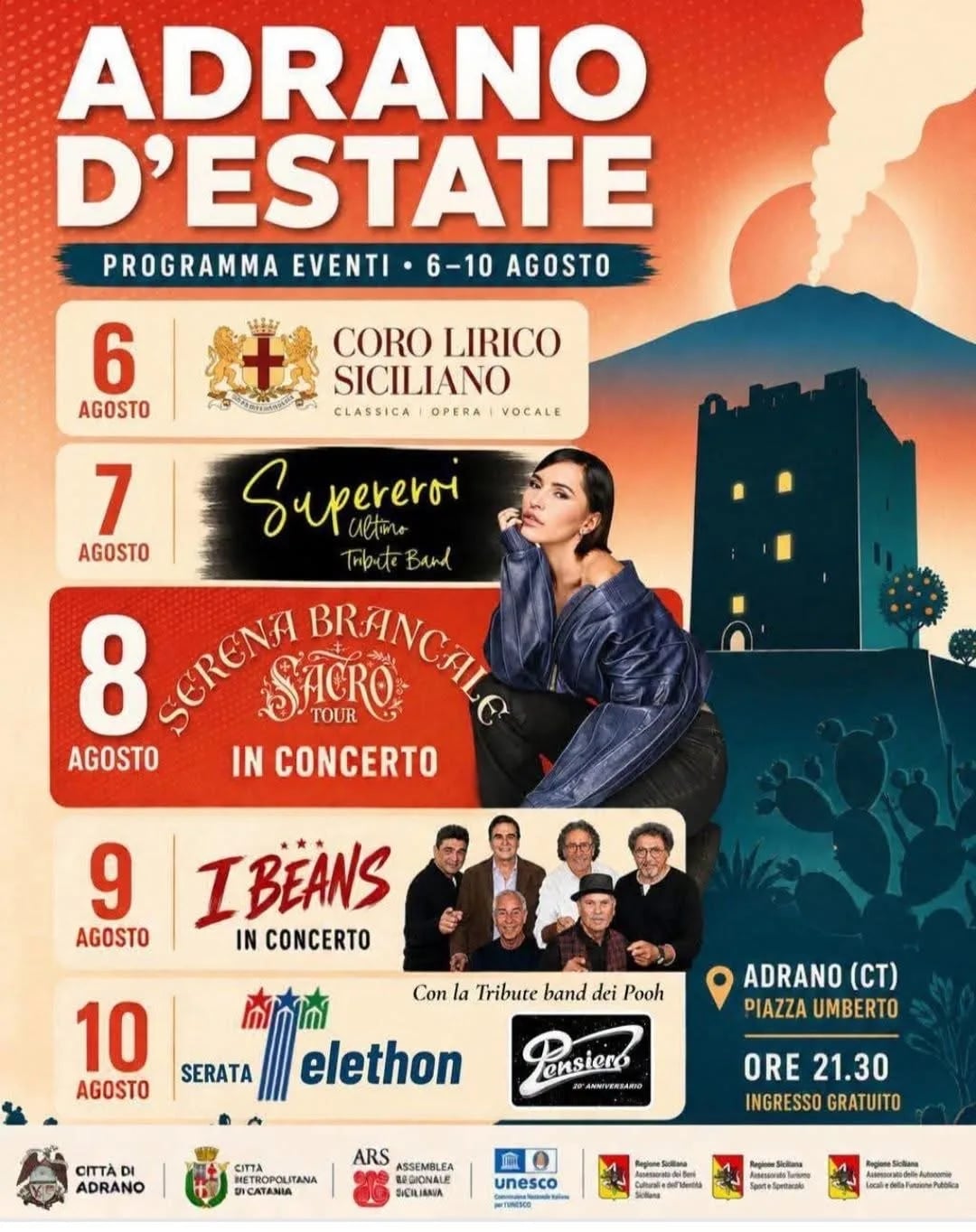Locandina Adrano D'Estate 2026 - Programma Eventi 6-10 Agosto a Adrano (Catania)