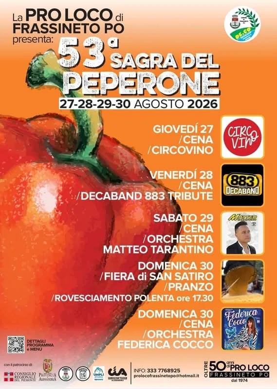 Locandina 53ª Sagra del Peperone 2026 a Frassineto Po (Alessandria)