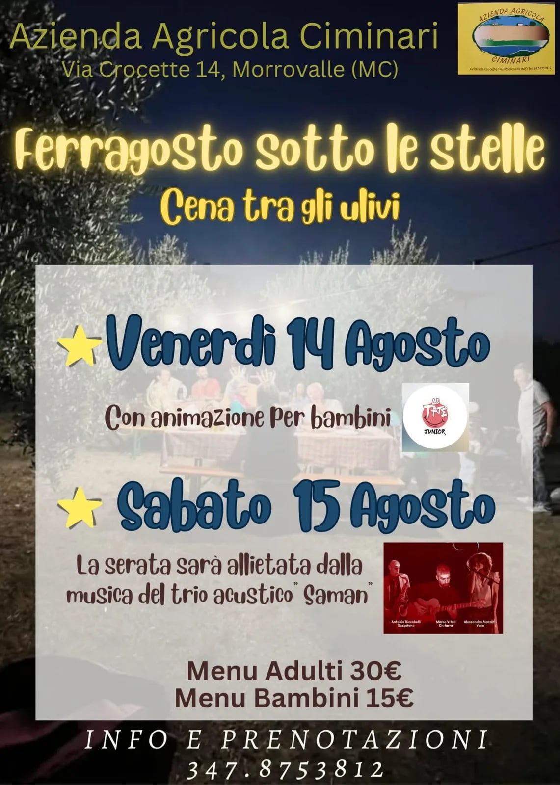 Locandina Ferragosto sotto le stelle 2026: Cena tra gli ulivi (15 ago) a Morrovalle (Macerata)