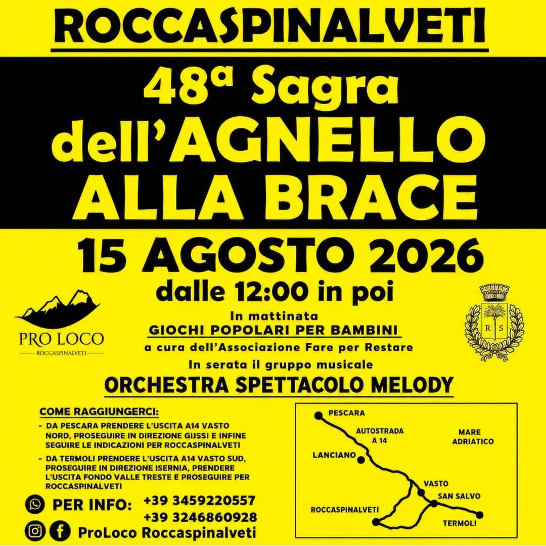 Locandina 48ª Sagra dell'Agnello alla Brace 2026 a Roccaspinalveti (Chieti)