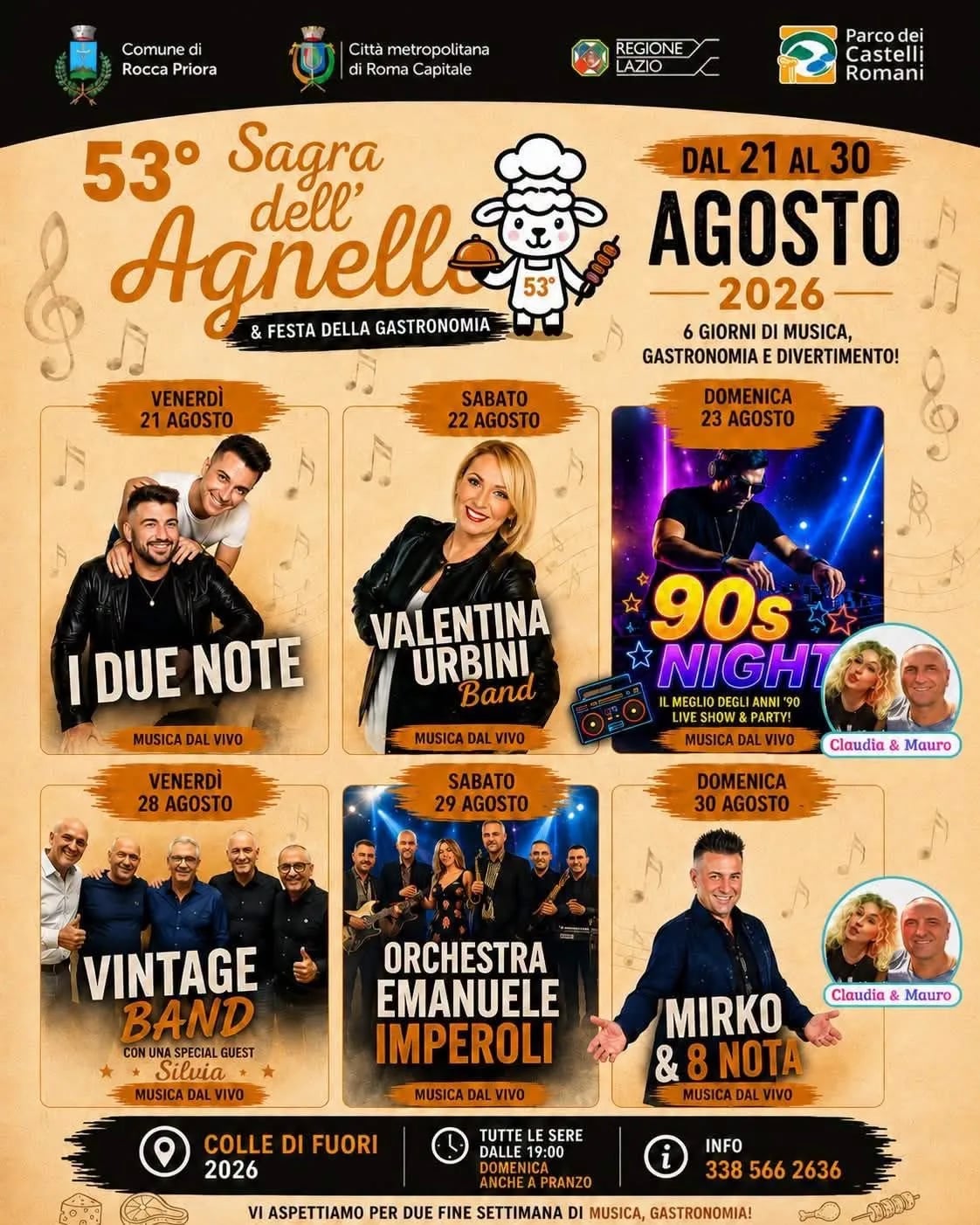 Locandina I Due Note — 53ª Sagra dell'Agnello 2026 a Rocca Priora (Roma)