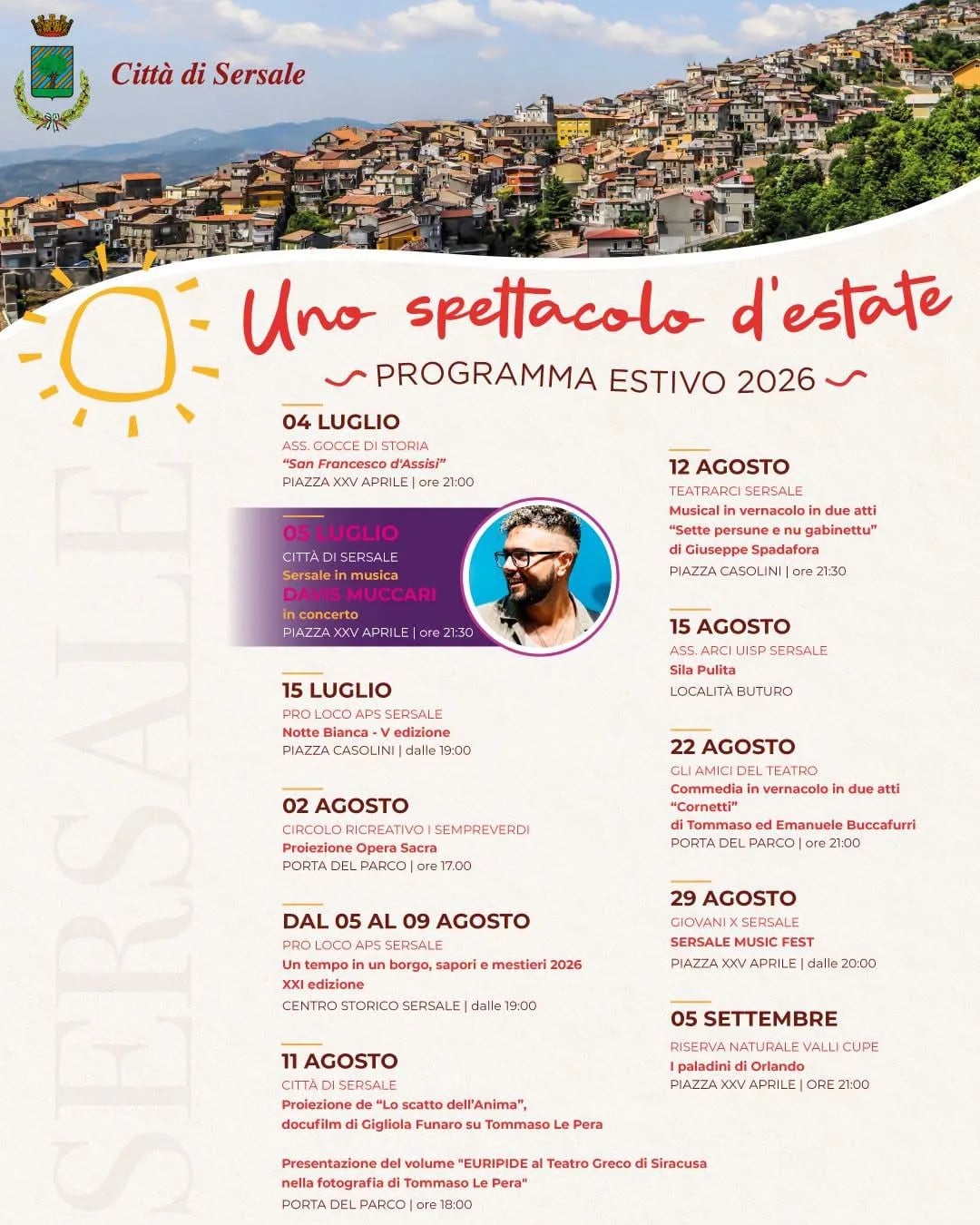 Locandina calendario eventi estate 2026 a Sersale (Catanzaro)