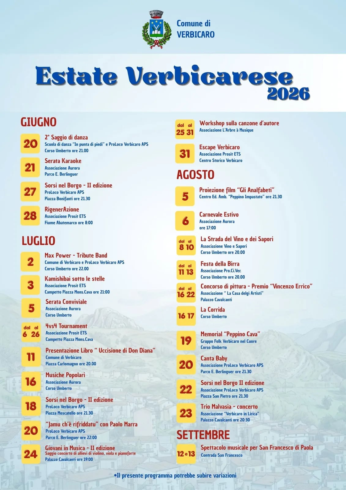 Locandina calendario eventi estate 2026 a Verbicaro (Cosenza)