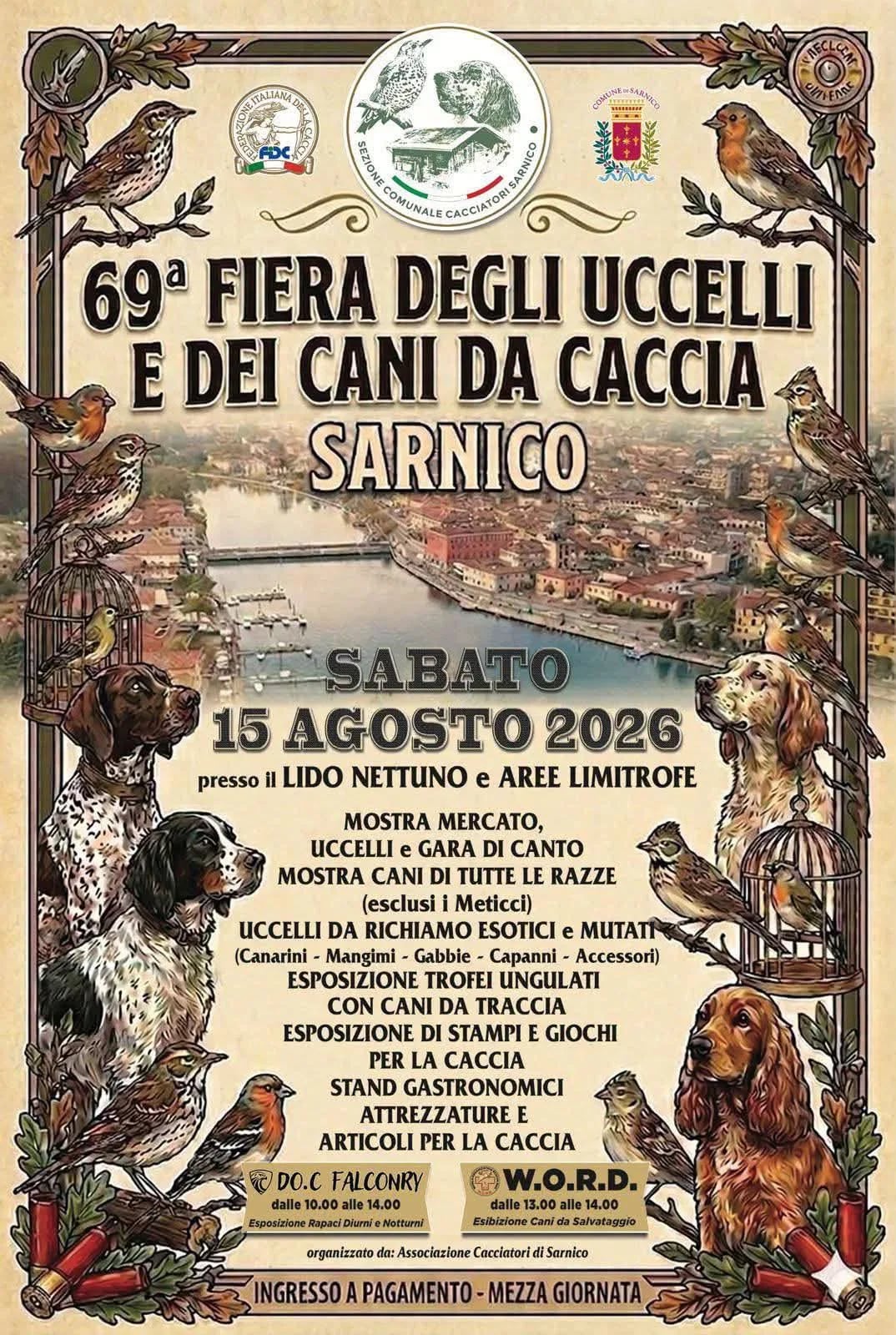 Locandina 69ª Fiera degli Uccelli e dei Cani da Caccia 2026 a Sarnico (Bergamo)