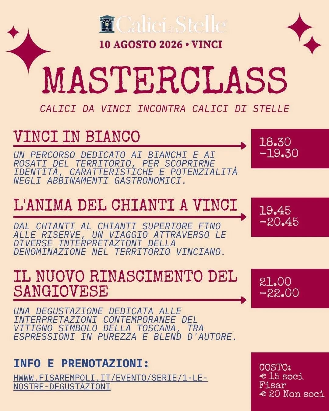 Locandina Calici Stelle Masterclass 2026 a Vinci a Vinci (Firenze)