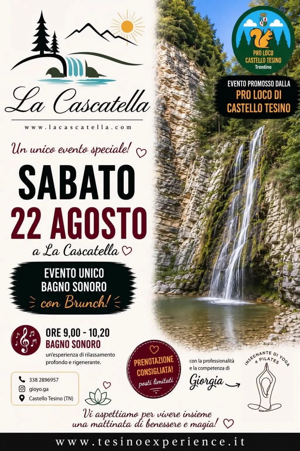 Locandina La Cascatella 2026 - Evento unico Bagno Sonoro con Brunch a Castello Tesino (Trento)