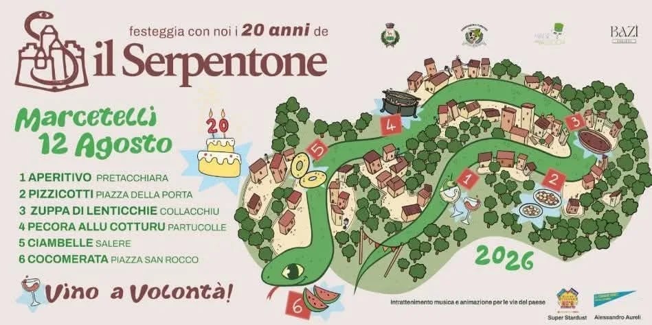 Locandina 20ª Festa del Serpentone Marcetelli 2026 a Marcetelli (Rieti)