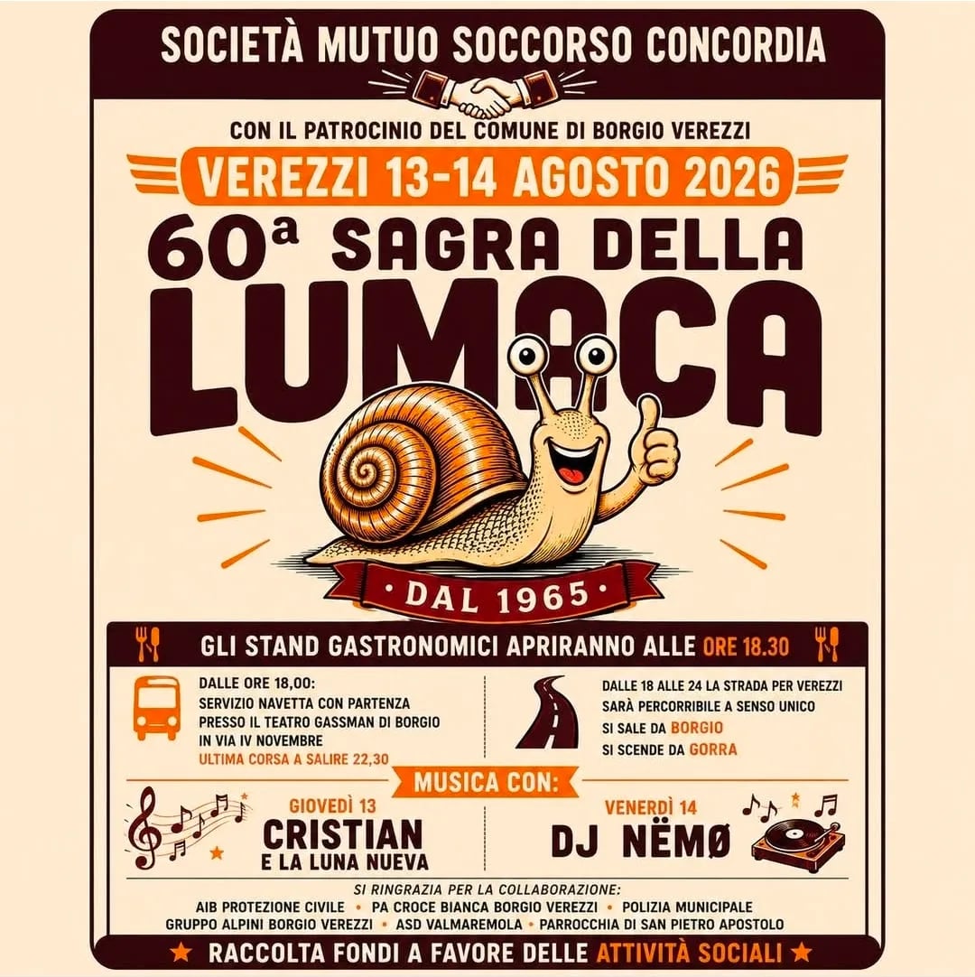 Locandina 60ª Sagra della Lumaca 2026 a Borgio Verezzi (Savona)