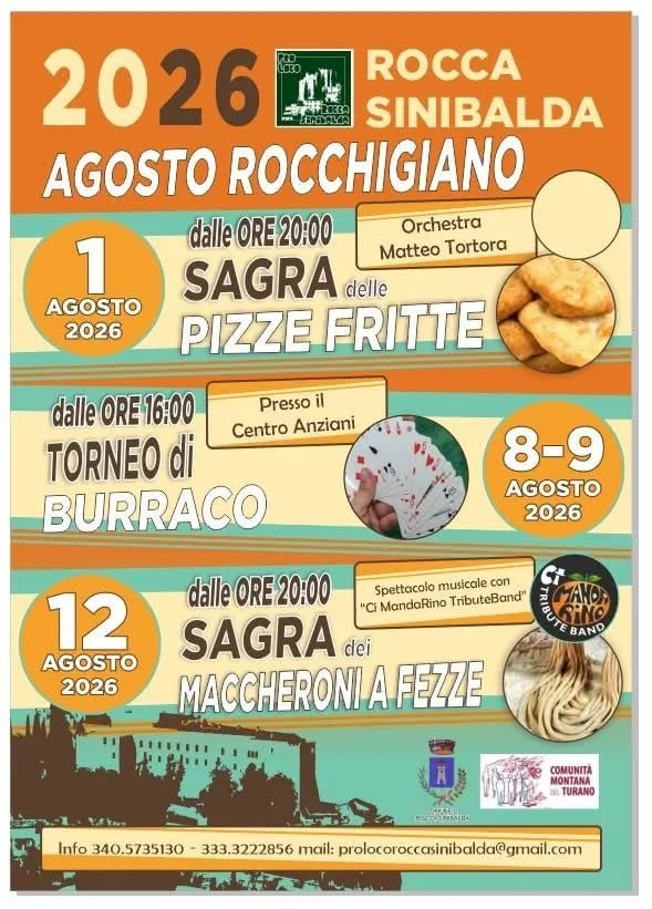 Locandina Sagra dei Maccheroni a Fezze 2026 a Rocca Sinibalda (Rieti)