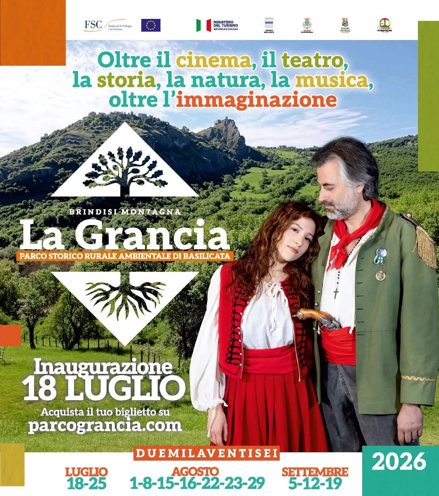 Locandina ufficiale del Parco Storico Rurale Ambientale La Grancia a Brindisi Montagna con calendario eventi Estate 2026