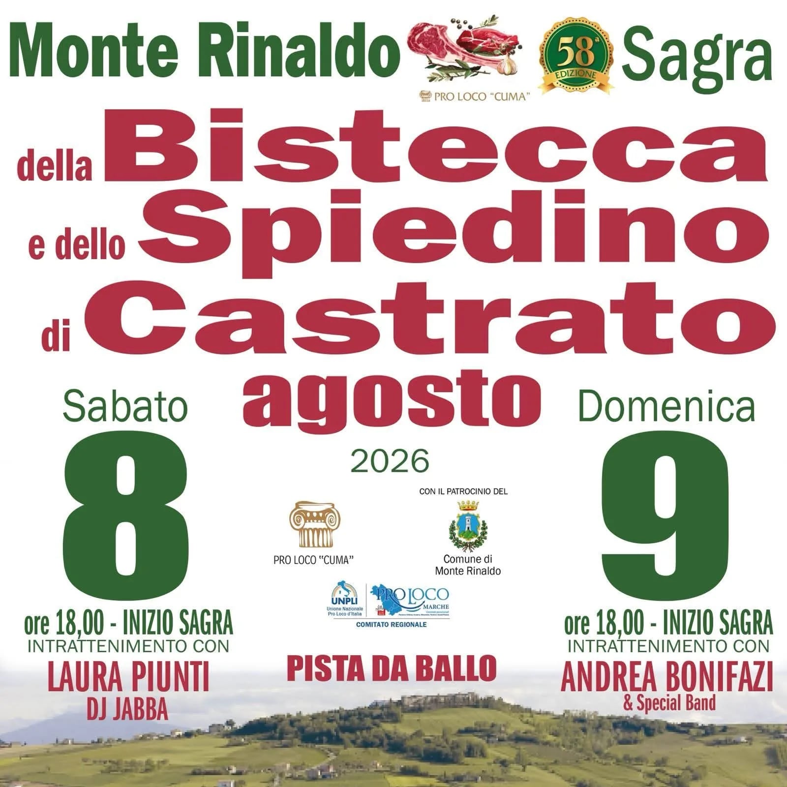 Locandina 58ª Sagra della Bistecca e dello Spiedino di Castrato 2026 a Monte Rinaldo (Fermo)