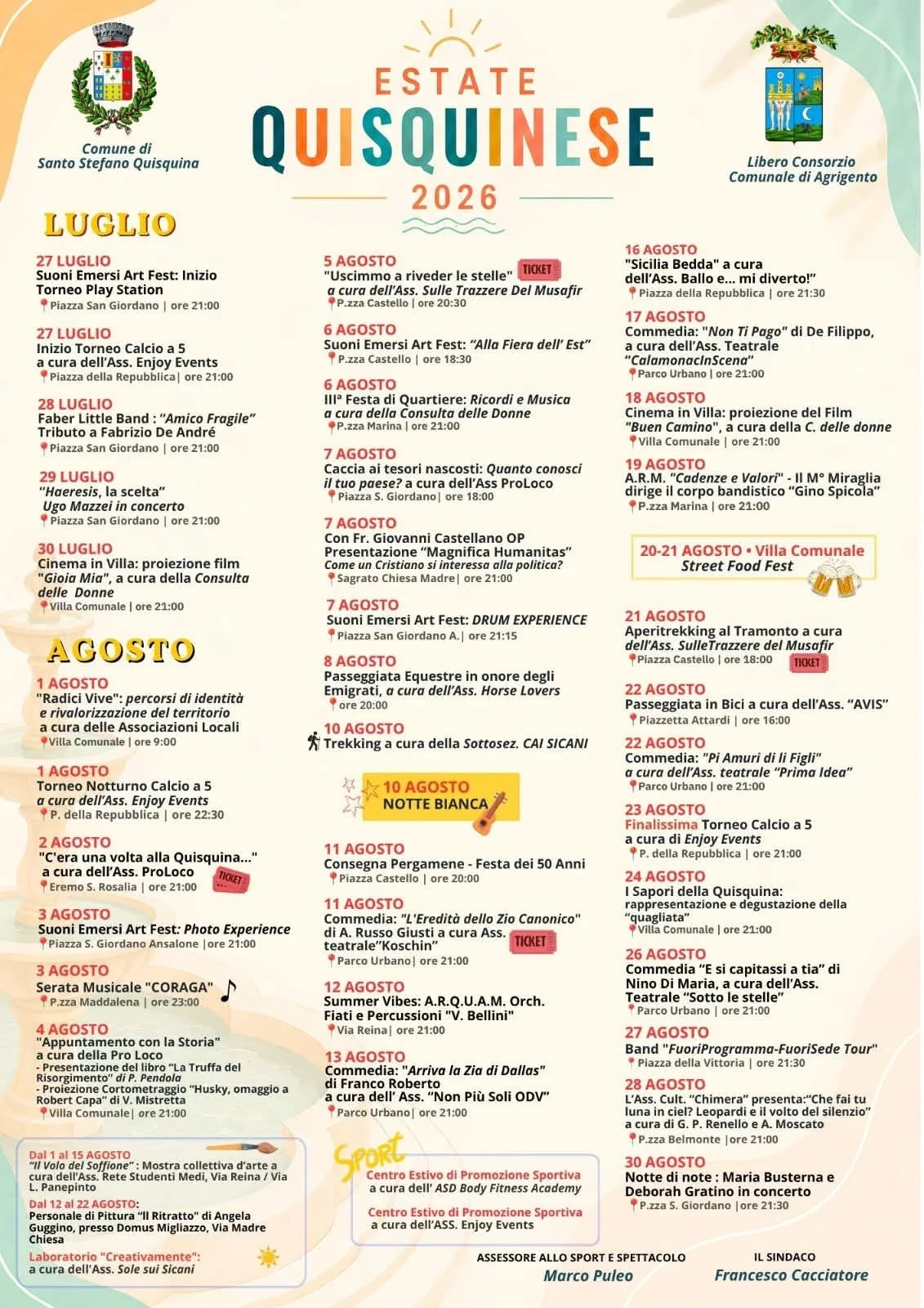 Locandina calendario eventi estate 2026 a Santo Stefano Quisquina (Agrigento)