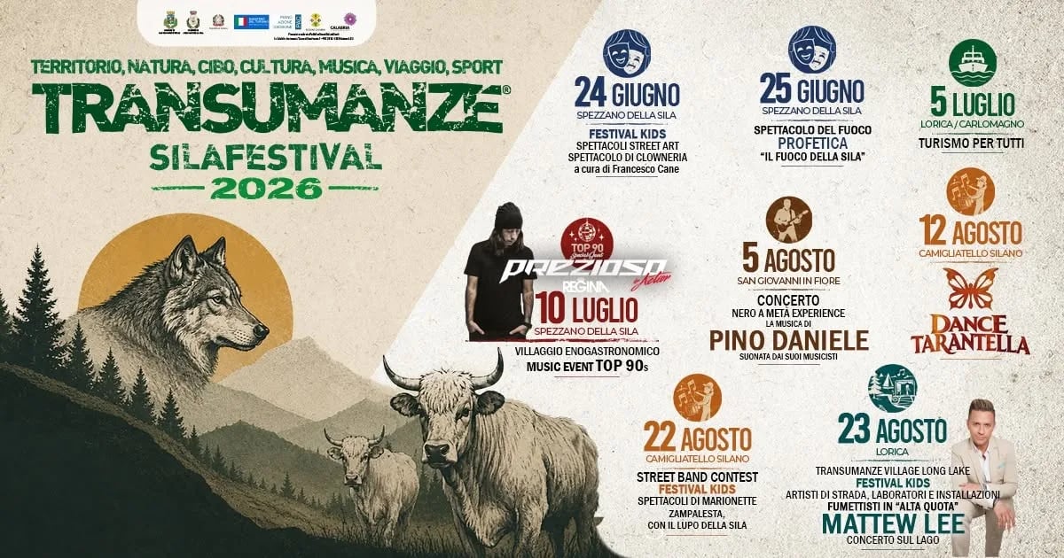 Locandina calendario eventi estate 2026 a Spezzano della Sila (Cosenza)