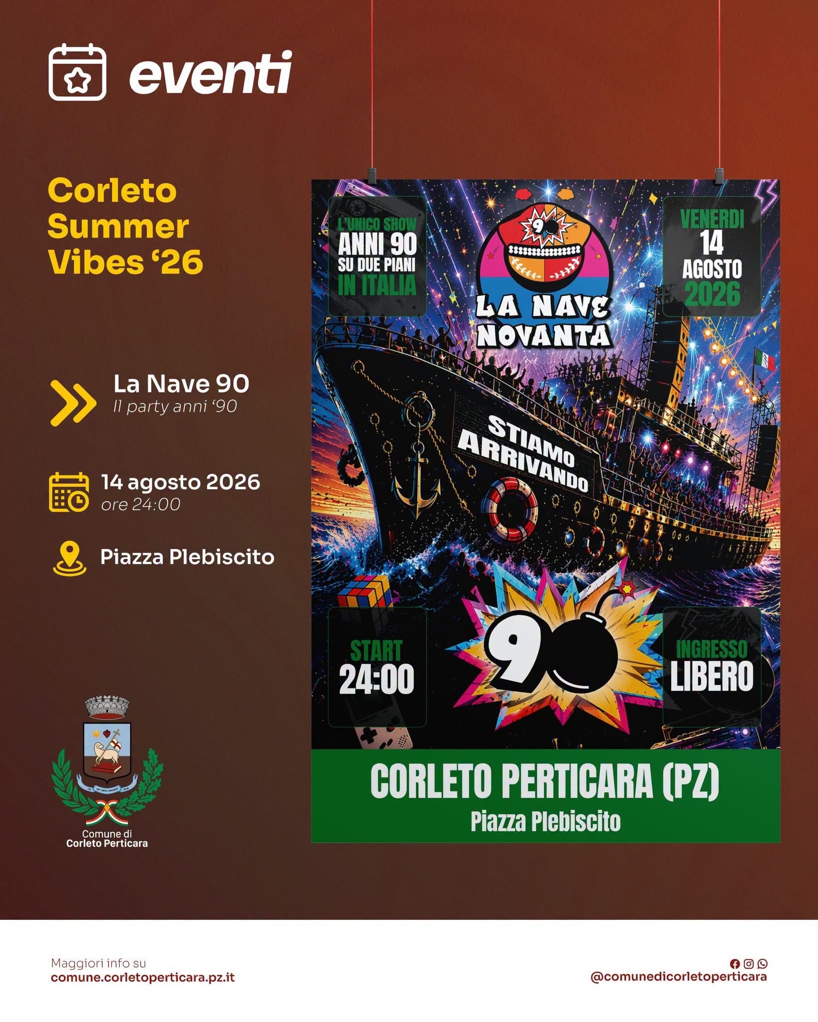 Locandina La Nave 90 — Party anni '90 2026 a Corleto Perticara (Potenza)