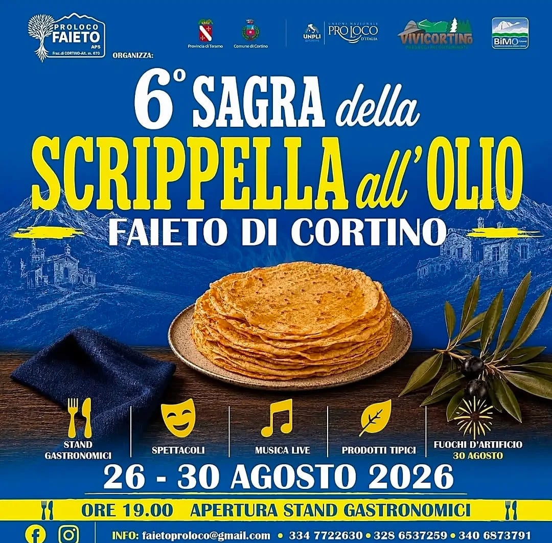 Locandina 6ª Sagra della Scrippella all'Olio 2026 a Cortino (Teramo)