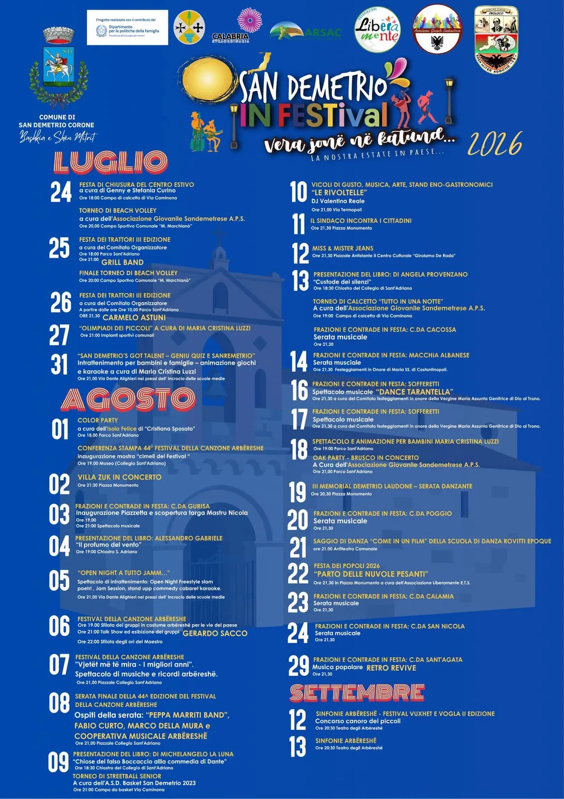 Locandina calendario eventi estate 2026 a San Demetrio Corone (Cosenza)