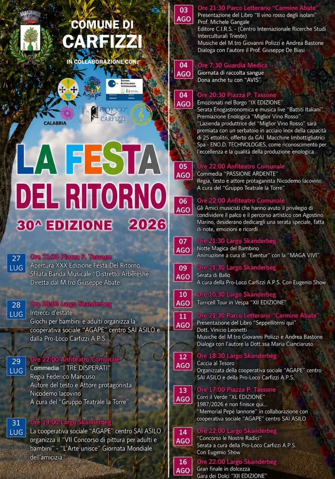 Locandina 30ª Festa del Ritorno 2026 a Carfizzi (Cosenza)