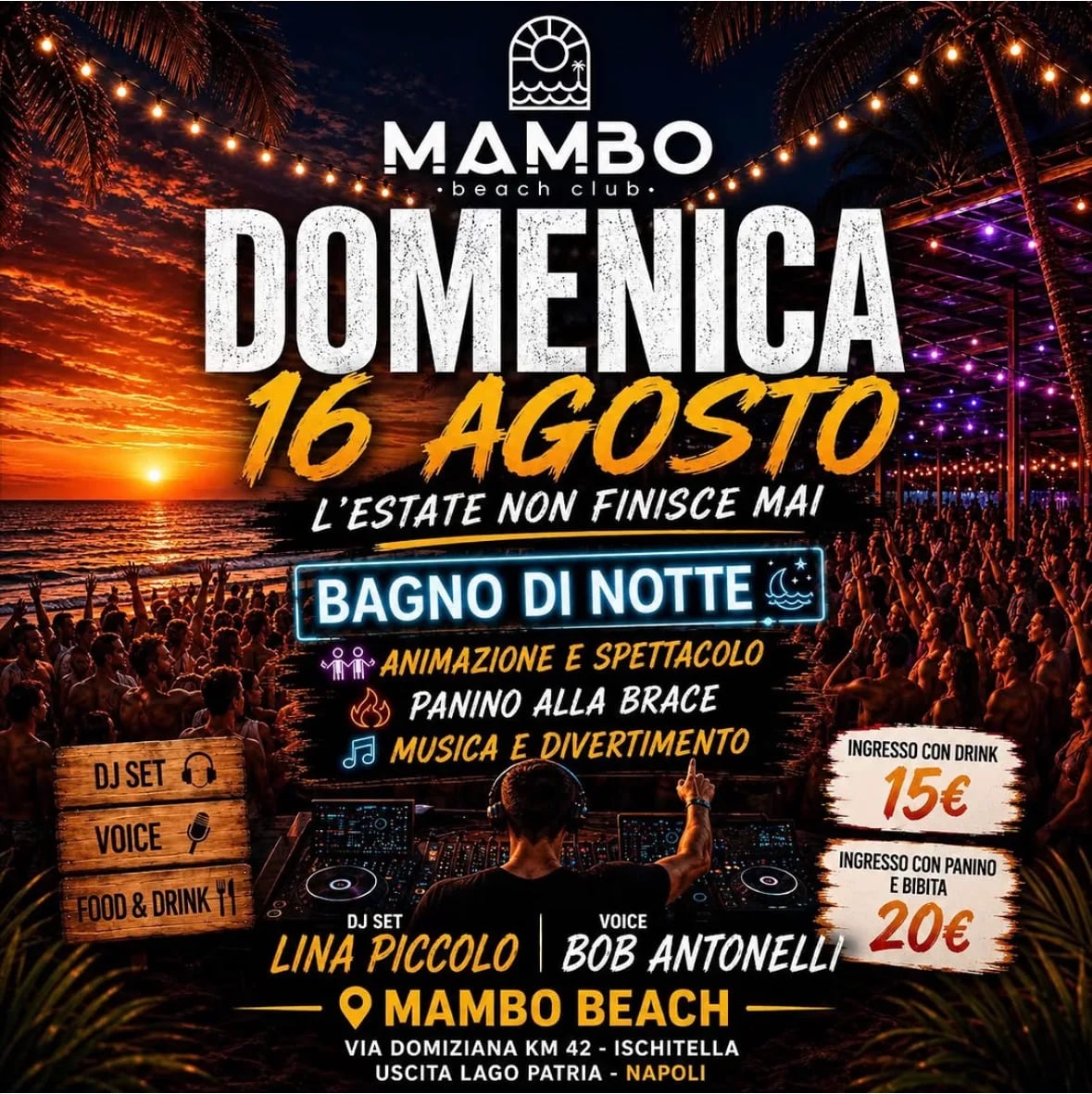 Locandina Mambo Beach Bagno di Notte 2026 a Giugliano in Campania (Napoli)