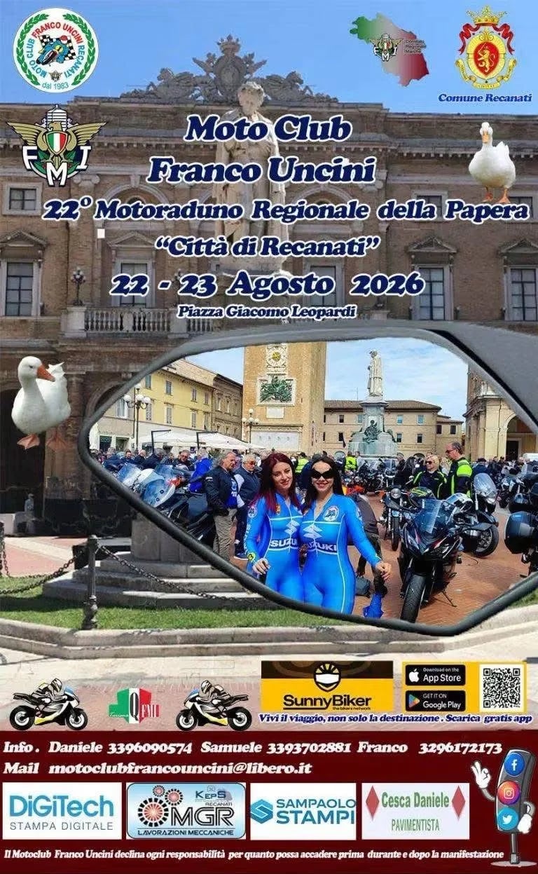 Locandina 22° Motoraduno Regionale della Papera Città di Recanati 2026 a Recanati (Macerata)