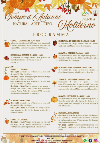 Tempo d’Autunno – Natura, Arte e Cibo a Moliterno (PZ) 🍂 Un ricco programma di eventi autunnali per scoprire i tesori storici, artistici e gastronomici di Moliterno 2024!